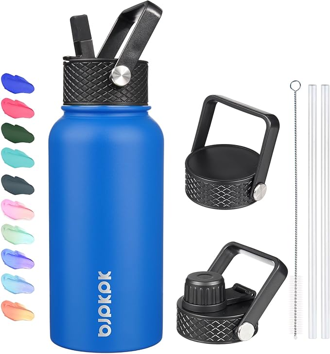 BJPKPK Insulated Water Bottles with Straw Lid, 27oz Stainless Steel Water Bottle with 3 Lids, Leak Proof BPA Free Metal Thermo, Mugs, Tumblers, Keep Cold Hot - Sapphire