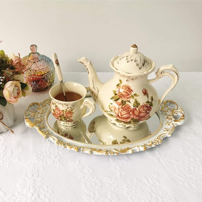 Ham Oval Floral Wall Mirror Tray, Dresser Organizer Tray, Decorative Perfume Mirror Tray, Serving Tray, 9.5’’ X 14.5’’, White