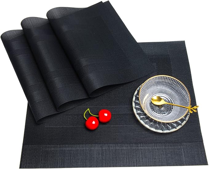Placemats,PlasticVinyl Washable Heat-Resistant Durable PVC Non-Slip Woven for Kitchen Dining Table Mats (Set of 4, Black)