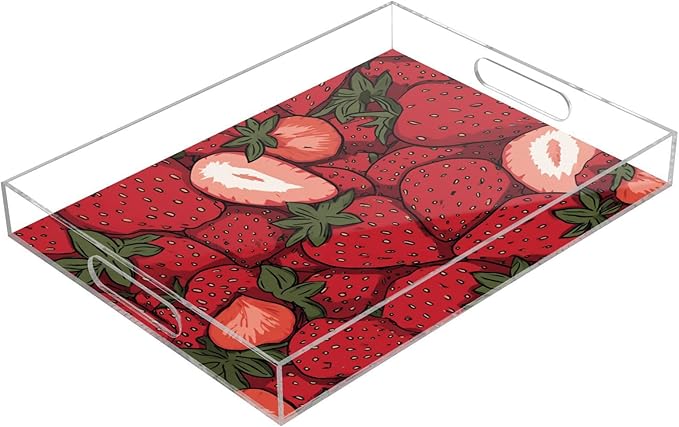 Serving Tray with Handles Clear Acrylic Tray 12x16 Inch Decorative Rectangular Tray Organizer for Ottoman Coffee Table Bathroom Cartoon Red Strawberry