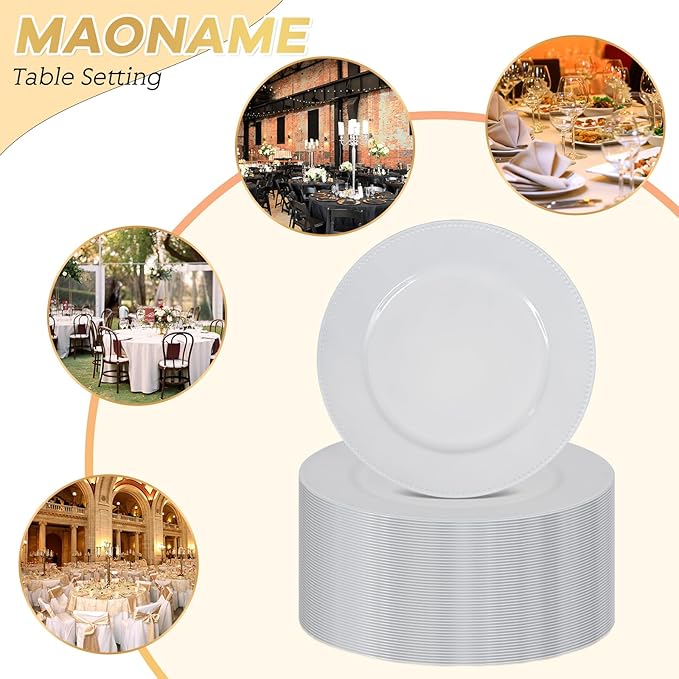 36 Pcs White Charger Plates Round Charger Plates13 Inch Bulk Wedding Dinner Elegant Reusable Plastic Chargers Plates Wedding Holiday Party Baby Shower Event Decoration (White)