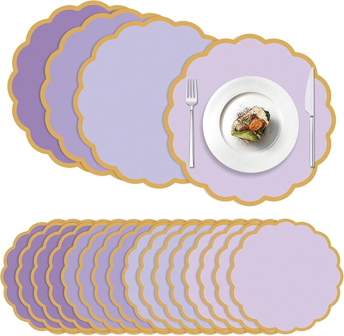 100 Pcs Purple Paper Placemats 13.5 Inch Disposable Scalloped Colorful Pastel Round Table Place Mats with Gold Edges, Decorative Colors Mats for Birthday Wedding Bridal Shower Banquet Tea Party