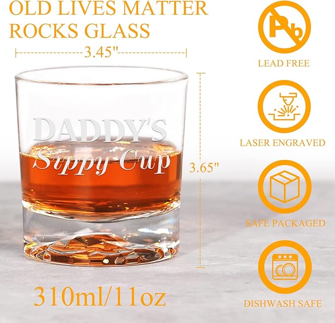 PONPUR Gifts for Dad Men Christmas, Daddy's Sippy Cup Whiskey Glass, Funny Birthday Gag Dad Husband Gifts Ideas from Daughter Son Kids, Stocking Stuffers, Bourbon Scotch Gift for Expecting Father