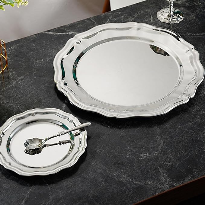 AMONIDA Stainless Steel Oval Platter, Sturdy Material Round Silver Tray with Effortless Maintenance Heavy Duty Mirror Polish Serving Plate forKitchen Weddings Desserts Fruits (Large Size for (Small