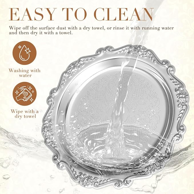 Cabilock 2pcs Retro Decorative Serving Tray, 5.90 Inch Round Vintage Metal Dessert Plates, Coffee Table Tray, Party Serving Platters Home Decor for Snacks Fruit Jewelry, Silver