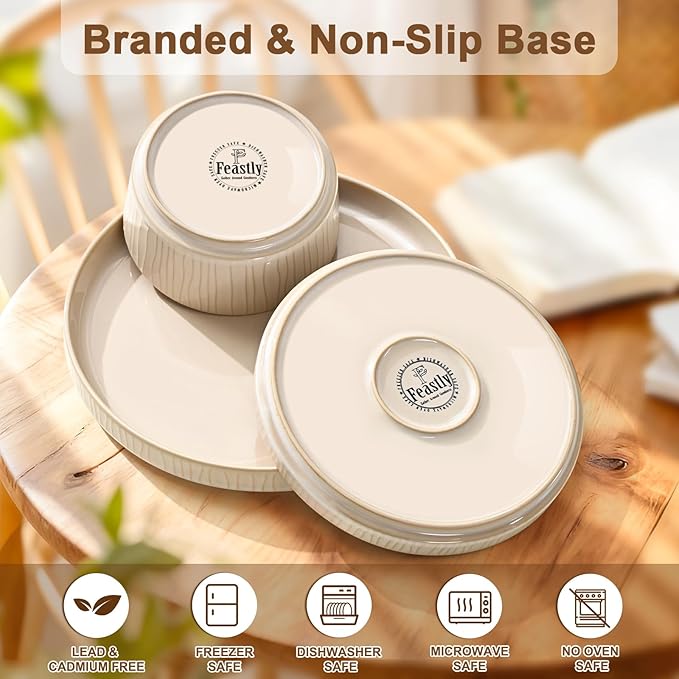 Stoneware Dinnerware Sets for 4, 12 Pcs Ribbed Reactive Glaze Ceramic Plates and Bowls Sets, Chip Resistant, Microwave Dishwasher Safe Dish Set, Housewarming Gifts, Cappuccino White