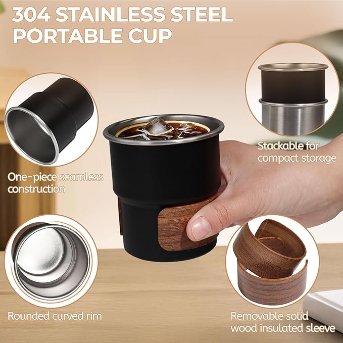 Uncoated Pour Over Coffee Maker 300ml Portable Cup 304 Thickened Stainless Steel Drip Coffeemaker Set with 50pcs V60 Cone Paper Filters Hand Brew Dripper Carafe for Home Camping Travel 10.2oz Black