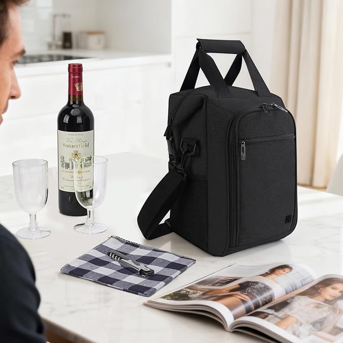 ALLCAMP 4 Bottle Wine Gift Bag - Insulated Tote Cooler, Adjustable Strap, Includes 4 Wine Glasses, Napkins & Corkscrew, Portable Travel Gifting (Black)