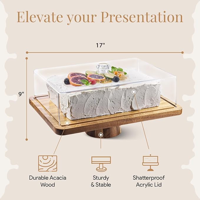 Acacia Wood Christmas Cake Stand with Lid - Rectangle Cake Holder, Holiday Hosting Essential, 2-in-1 Festive Dessert Display & Charcuterie Board for Cheese, Chips, Acrylic Dome Cover