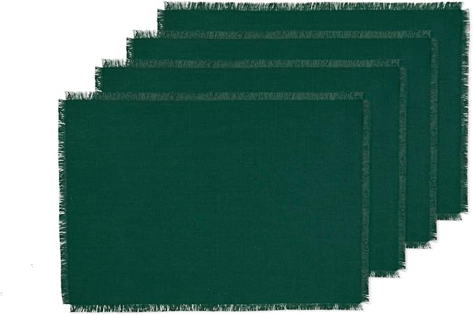 Solino Home Fringe Linen Placemats Set of 4 - Evergreen Placemats 14 x 19 Inch - 100% Pure Linen Table Mats for Christmas, Winter, New Year - Handcrafted and Machine Washable