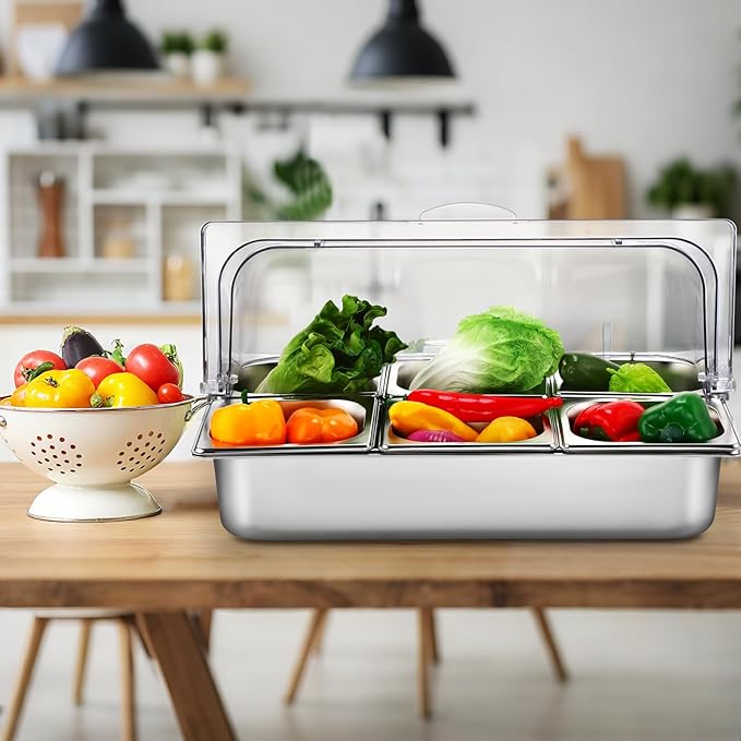 6 Pan Chilled Buffet Server Stainless Steel Countertop Food Serving Display Container with Clear Roll Top Cover Serving Tray Buffet Condiment Dispenser Ice Cooled Food Display Rack
