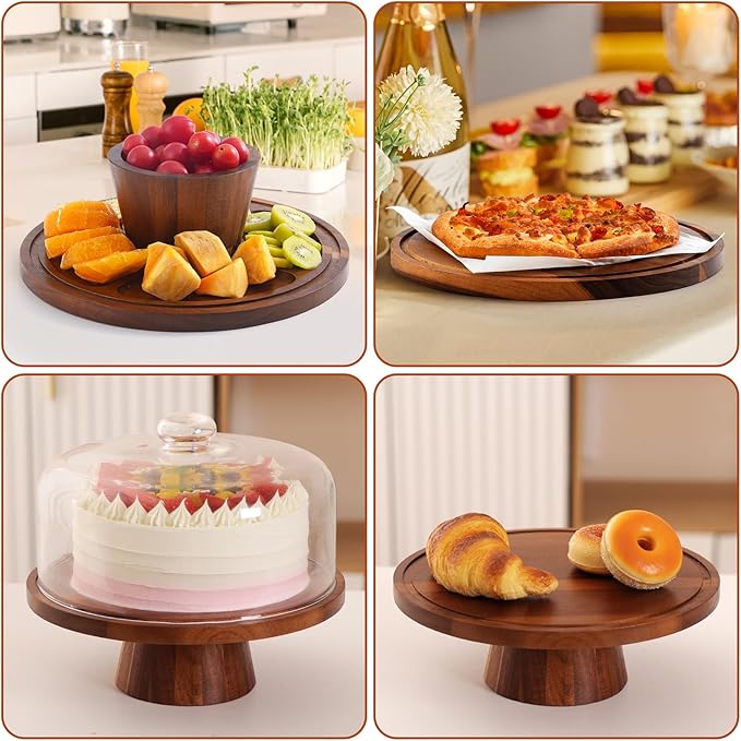 Acacia Wood Cake Stand with Glass Lid – 12" Magnetic Base, Detachable Serving Tray for Cake, Cheese, Charcuterie, Snacks & Desserts – Wooden Cake Holder for Parties & Kitchen Display
