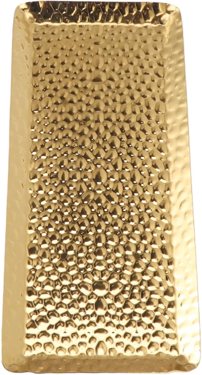 Metallic Towel Serving Tray Hammered Stainless Steel Dishwasher Safe Plate for Home Restaurant 25x11cm (Gold)