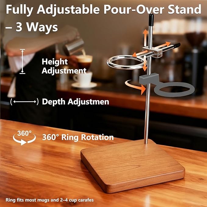 Pour Over Coffee Stand with Solid Cherry Base, Adjustable Coffee Dripper Stand, Wooden Brewing Station, Cone Holder, Elegant Gift for Brew Enthusiasts, Home Barista & Kitchen Décor