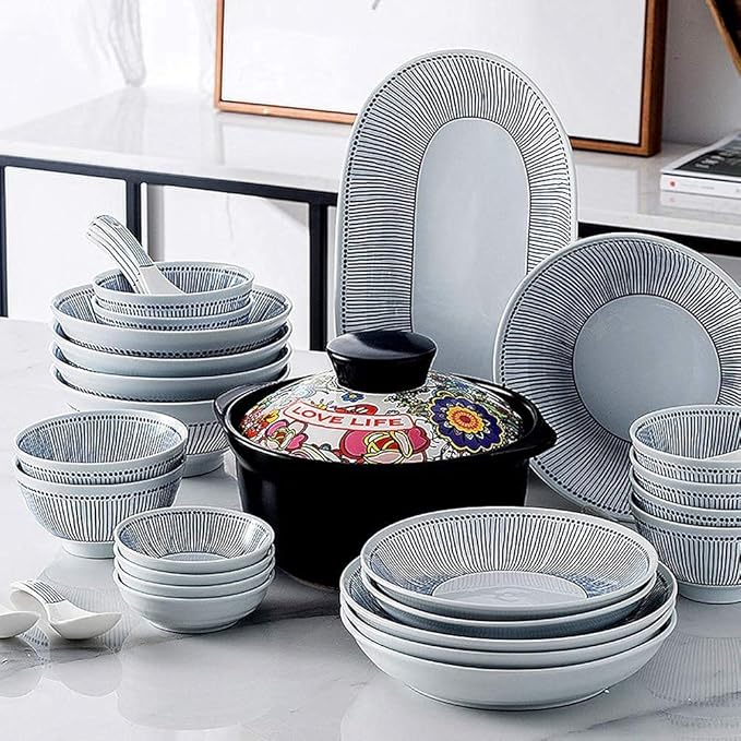 Elegant Fine Dinnerware Set,White Porcelain Dinnerware Set with Blue Line Stripes, Ceramic Plates and Bowls Sets, Unique Dish Set for Parties or Everyday Use,Service for