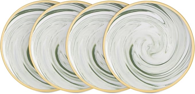 20 Piece Plates and Bowls Sets, Fine China Artisan Marbled Dinner Set for 4, Dishwahser Safe, Scratch Resistant, Green with Gold Line