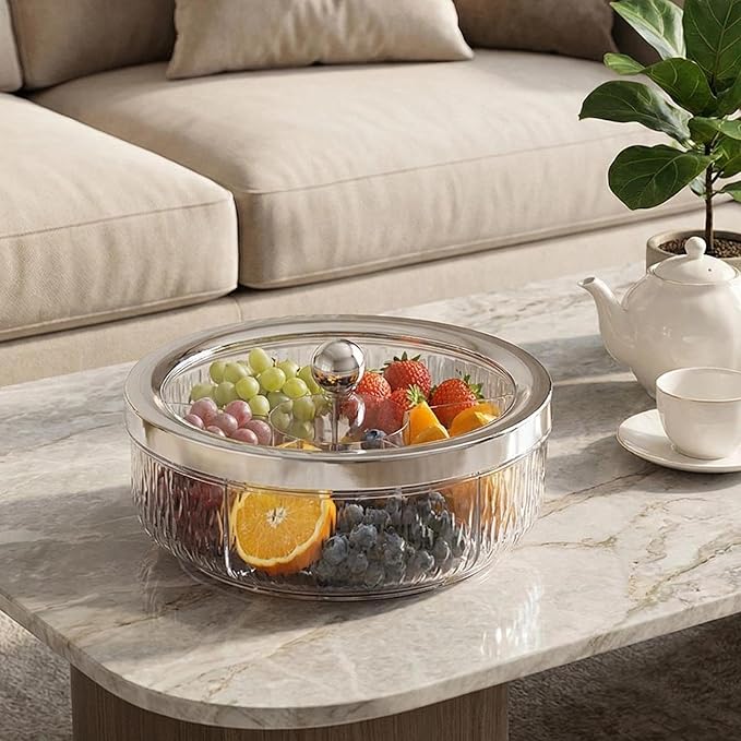 Serving Tray Container Rotating Snack Plate Dried Nuts Platter for Kitchen Entertaining, silver ball