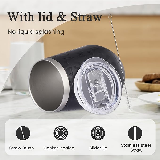 MEWAY 12oz Insulated Wine Tumbler with Press-In Lid, Double Wall Vacuum Stainless Steel Travel Tumbler with Straw,Travel Cup for Coffee, Gift for Woman Under 10 dollars(Black Leopard,Set of 12)