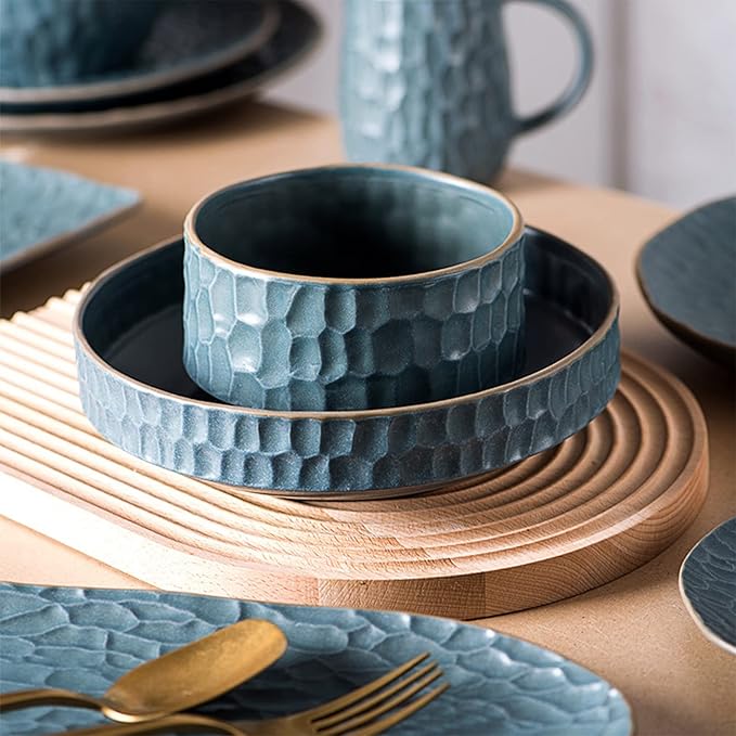Ceramic Dinnerware Set, 17 Pcs Matte Blue Porcelain Dinner Set, Porcelain Bowls and Plates Sets Nordic Style, Tableware Combination Set, Cereal Bowl/Soup Plate/Mug Set Service for 4