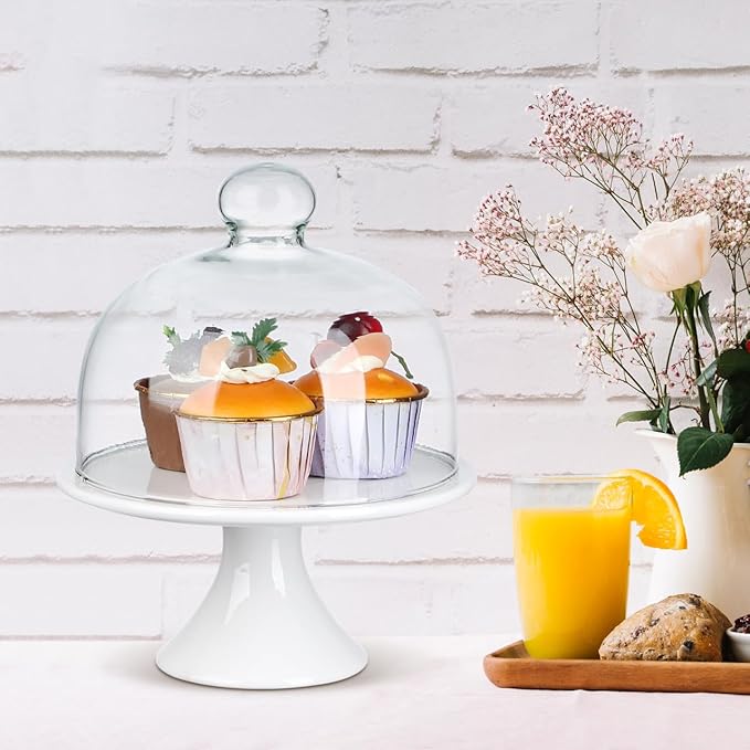 ERINGOGO Cake Stand 8 inch Ceramic Cake Stand, Footed Cake Plate with Glass Dome, Dessert Serving Platter Cheese Board, Wedding Server Tray for Pastries, Doughnuts, Muffin Wedding Decor