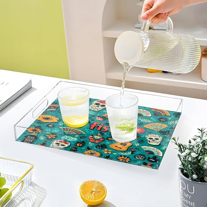 Serving Tray with Handles Clear Acrylic Tray 12x16 Inch Decorative Rectangular Tray Organizer for Ottoman Coffee Table Bathroom Fiesta Mexican Green Skulls Guitars Flowers