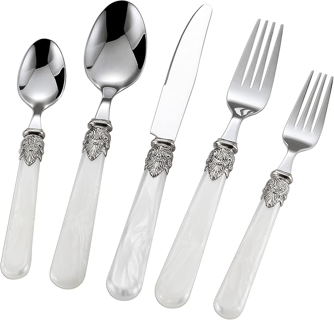 REVERIE Collection 18/10 Stainless Steel Vintage Flatware set,Sliverware set,Dishwasher safe (30, Pearl White)