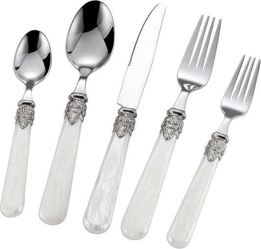 REVERIE Collection 18/10 Stainless Steel Vintage Flatware set,Sliverware set,Dishwasher safe (30, Pearl White)