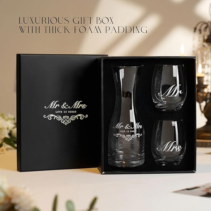 AW BRIDAL Engagement Gifts for Couples 2025, Mr and Mrs Wine Glasses with Decanter Set for Anniversary Christmas, Wedding Gift for Newly Engaged Couple, Bridal Shower Gift for Bride to Be