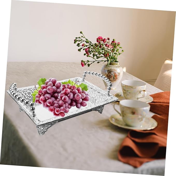 Portable Snack Platter Dried Fruit Bowl Handle Silver Metal Tray Serving Plate