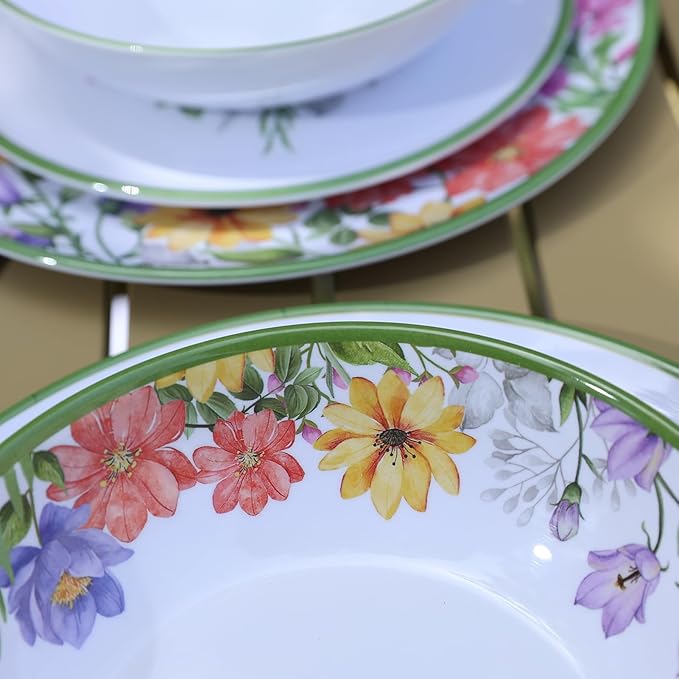 12 Piece Floral Melamine Dinnerware Sets, Green Camping Dishes Set, Spring Lightweight Plates and Bowls Sets, Service for 4, Unbreakable Dishwasher Safe Dish Set for Indoor & Outdoor Use