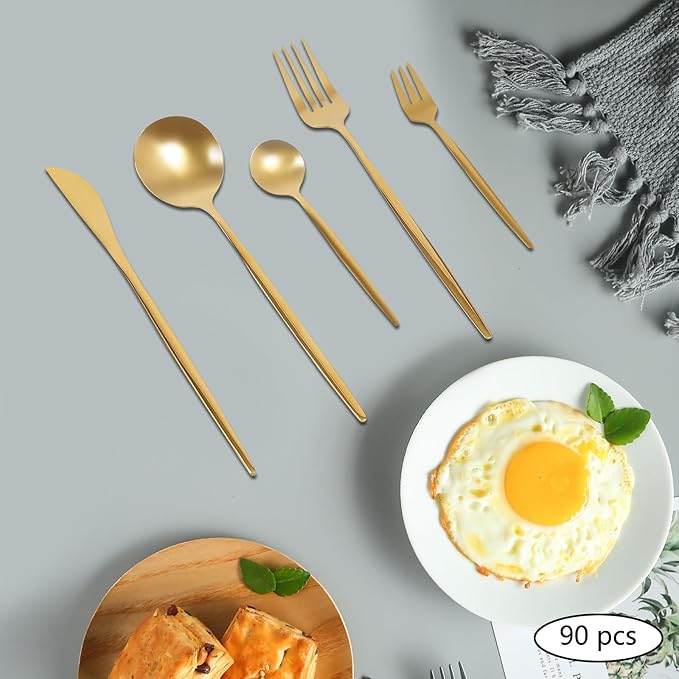 90PCS Gold Dinnerware Set, Gold Flatware Cutlery Set, Stainless Steel Utensils Set for Home Restaurant