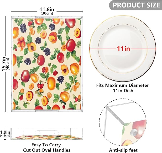 Serving Tray with Handles Clear Acrylic Tray 12x16 Inch Decorative Rectangular Tray Organizer for Ottoman Coffee Table Bathroom Georgia Peachs Vegetables Beige