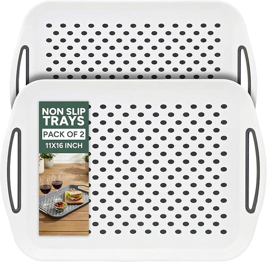 Zuvo Anti-Slip Food Serving Tray with Handles (Set of 2) – BPA-Free Plastic, Lightweight & Durable – Non-Slip Couch Trays for Eating & Drinks (White)