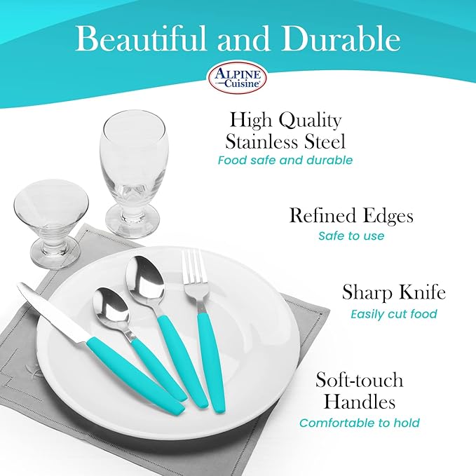 ALPINE CUISINE Flatware Set 16 Piece Service for 4, Stainless Steel Flatware Cutlery Set Includes Dinner Knives/Forks/Spoons - Great for Camping or College Dorms - Dishwasher Safe - Aqua