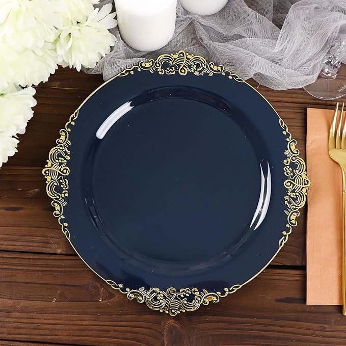 10" Dinner Plates -Set of 20 - Plastic Navy Blue Round Baroque Disposable Chargers Leaf Embossed Rim, Ideal for Dinner Party Wedding Bulk Events