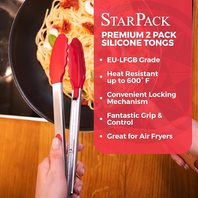 StarPack Premium Silicone Kitchen Tongs Set of 2 (9-Inch & 12-Inch) - Stainless Steel with Non-Stick Silicone Tips, High Heat Resistant to 480°F, For Cooking, Serving, Grill, BBQ & Salad (Cherry Red)