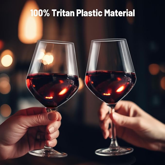 Wine Glasses Set of 4, 15oz Unbreakable Plastic Stemmed Wine Glasses for Red or White, BPA Free, Reusable for Outdoor Camping, Parties, Home Bar, Unique Gift for Christmas, Wedding, or Birthday