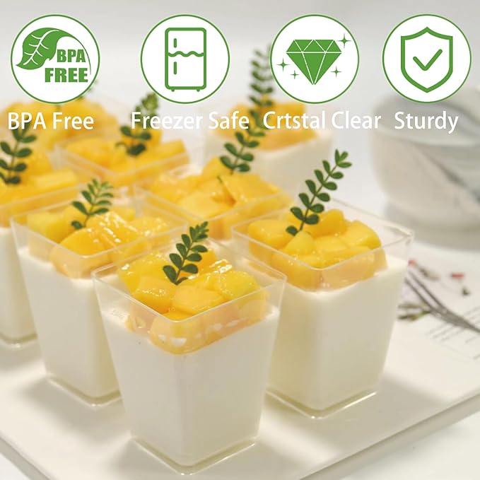 25Pack 5oz Plastic Dessert Cups with Lids and Spoons, Clear Parfait Appetizer Cups for Party, Mini Shooter Serving Cup, Square Dessert Shot Glasses for Tasting