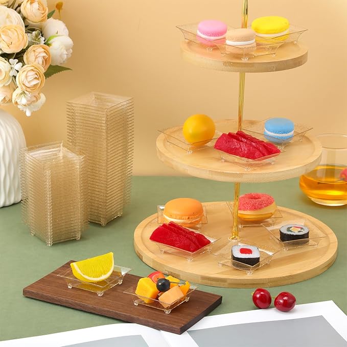 500 Pcs Mini Appetizer Plates Bulk 1 oz 2.4 Inch Square Plastic Dessert Plates Disposable Appetizer Tray for Wedding Shower Valentine's Salad Cake Afternoon Tea Birthday Party (Gold)