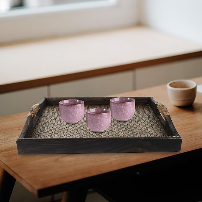 Wood Rectangular Serving Tray with Raised Handles Large Southeast Asian Style Woven Tea Cup Holder Decorative Wooden Drink Tray for Home, Office, and Hotel Use