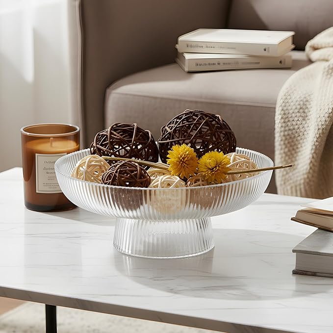 Large Glass Fruit Bowl for Kitchen Counter Decorative Centerpiece Bowl for Table Home Déco, Clear Ribbed