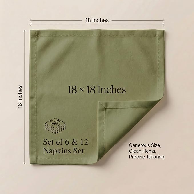 ACCENTHOME Accent Home 100% Cotton Napkins, Delicate Cloth Napkins for Dinners, Parties and Weddings，18 x 18 Inch Set of 12 - Olive Green