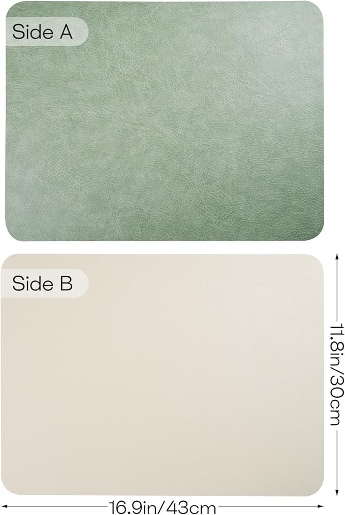 Faux Leather Placemats Set of 6 Table Mats Heat Resistant Reversible Place Mats, Waterproof Wipeable Dining Table Placemats for Home Party Outdoor, 16.9 x 11.8 Inch (Sage Green/White)