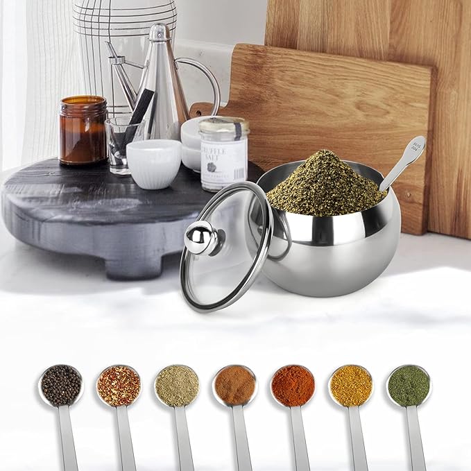 asika Sugar Bowl, Stainless Steel Sugar Pot with Clear Lid and Spoon, Drum Shape Small Condiment Container for Home and Kitchen, 8.1 Ounces(240 Milliliter)