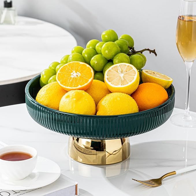 Ceramic Fruit Bowl, 11 Inch Dinner Table and Tea Coffee Pedestal Tray，Elegant and Practical Bread and Fruit Footed Bowls, Salad or Dessert Display Trays for Kitchen Counter (Green).