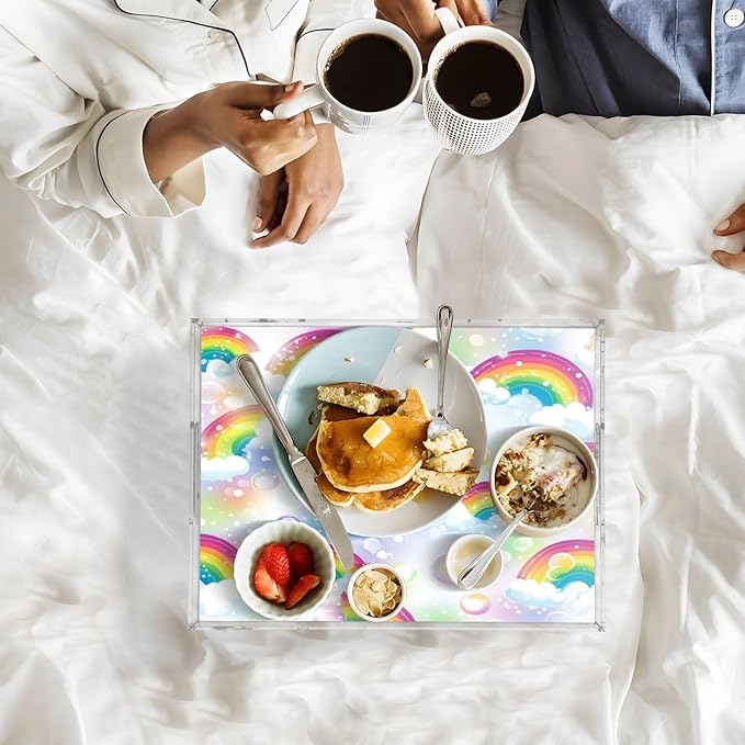 Serving Tray with Handles Clear Acrylic Tray 12x16 Inch Decorative Rectangular Tray Organizer for Ottoman Coffee Table Bathroom Rainbow Clouds Dots White