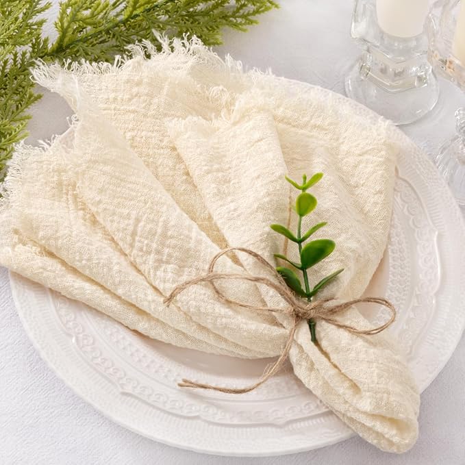 Socomi Set of 6 Linen Napkins Beige Easter Spring Cloth Napkins Washable Cotton Dinner Napkins Fringe 17"x17" for Wedding Party Bridal Baby Shower Birthday Table Decorations