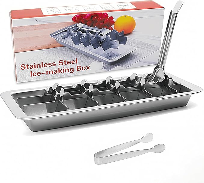 Stainless Steel Ice Cube Trays with Tweezers, Easy-Release Lever Handle, Durable Metal Ice Cube Trays for Freezer, Ideal for Whiskey, Cocktails & Drinks (1 Pack)