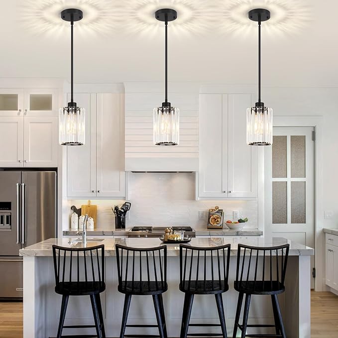 3 Pack Black Pendant Light, Modern Crystal Pendant Lights Kitchen Island Lighting, Hanging Light Fixtures Mini Chandelier Pendant Lights for Island Dining Room Hallway Bedroom