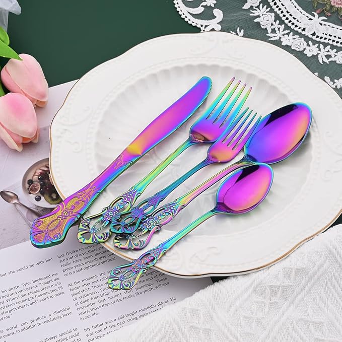 Rainbow Flatware Set For 4, 20 Pieces 18/0 Stainless Steel Silverware Set, Cutlery Utensils Set Include Knives/Forks/Spoons, Antique Baroque Style & Luxury Mirror Polished